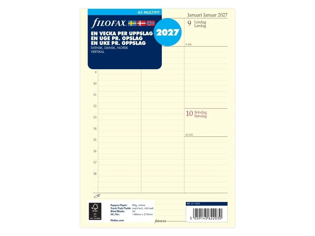 A5 Refill 2027 Vecka/Uppslag Vertikal Filofax