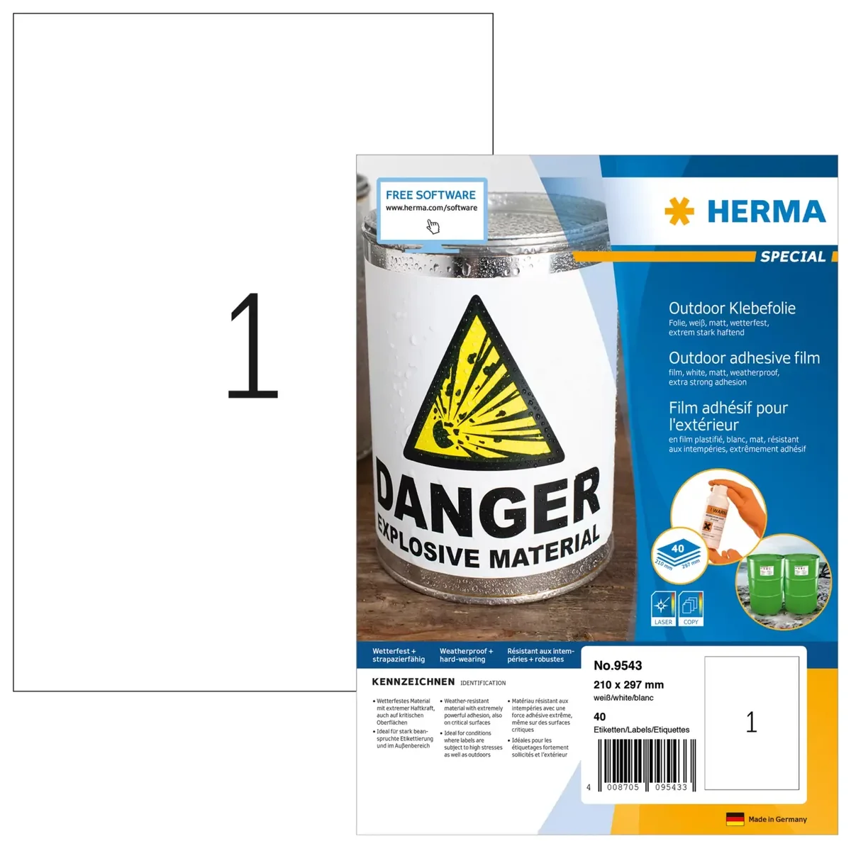 HERMA 9543, Valkoinen, Suorakulmio, A4, Universaali, Polyeteeni, Matta