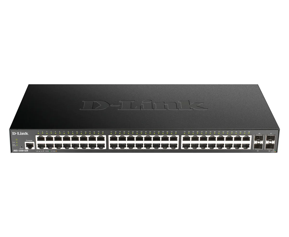 D-Link DGS-1250-52X/E - 48-porttinen hallittava Smart Gigabit -kytkin 4x 10G SFP+ -paikoilla, musta