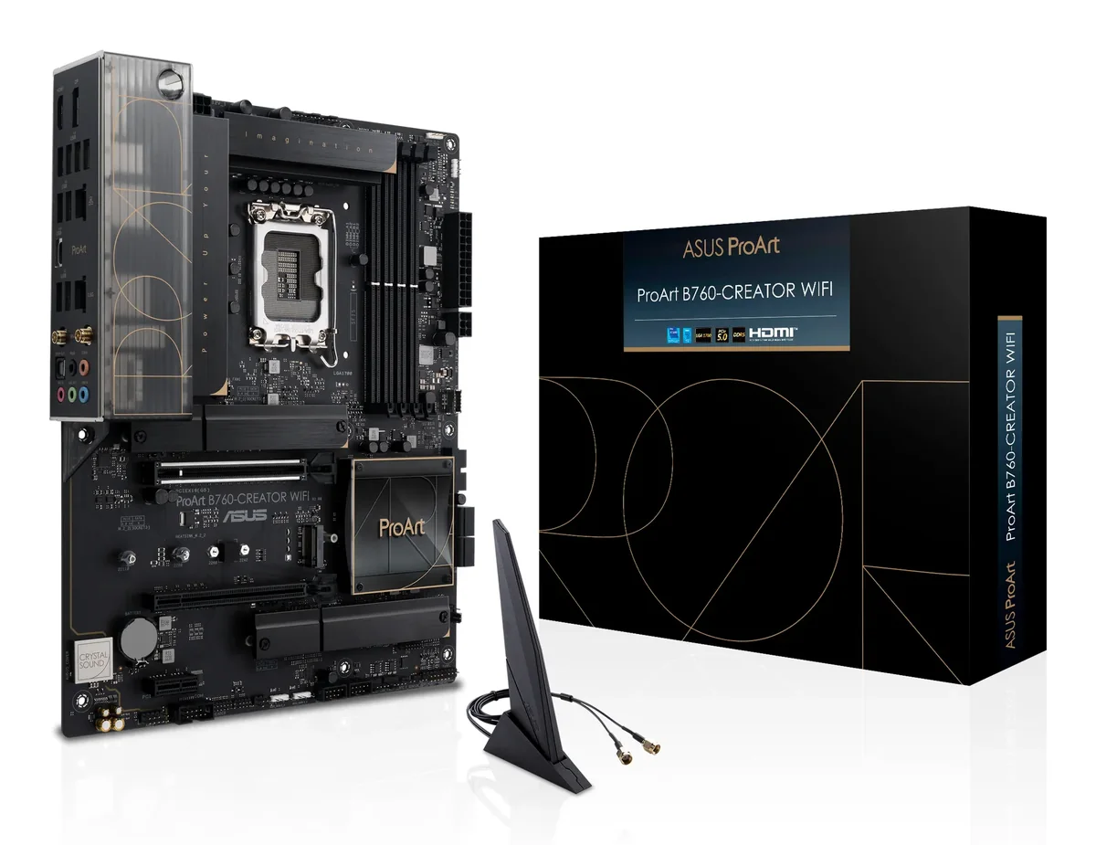 ASUS PROART B760-CREATOR WIFI - Emolevy - ATX - LGA1700-asennuspaikka - B760-piirisarja - USB 3.2 Gen 1, USB-C 3.2 Gen2, USB-C 3.2 Gen 2x2 - Gigabit LAN, 2.5 Gigabit LAN, Wi-Fi 6, Bluetooth - sisäinen grafiikka (CPU tarvitaan) - HD-ääni (8-kanavainen)