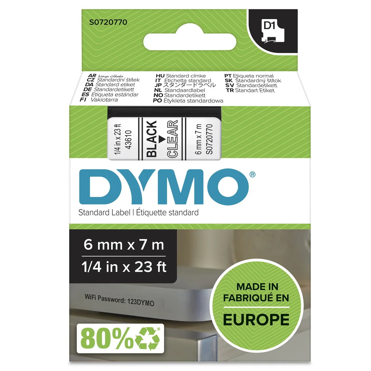 DYMO D1 -teipit, 6 mm x 7 m, musta teksti kirkkaalle, itseliimautuvat teipit LabelManager-tarratulostimille, aito