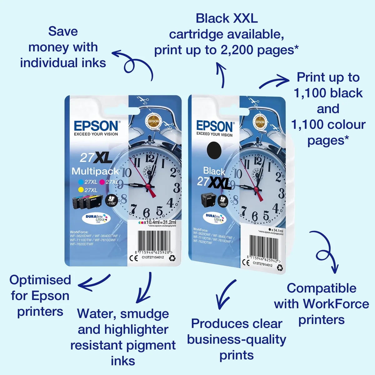 Epson 27XL-mustekasettipakkaus, 31.2 ml, syaani, magenta, keltainen, 3 kpl