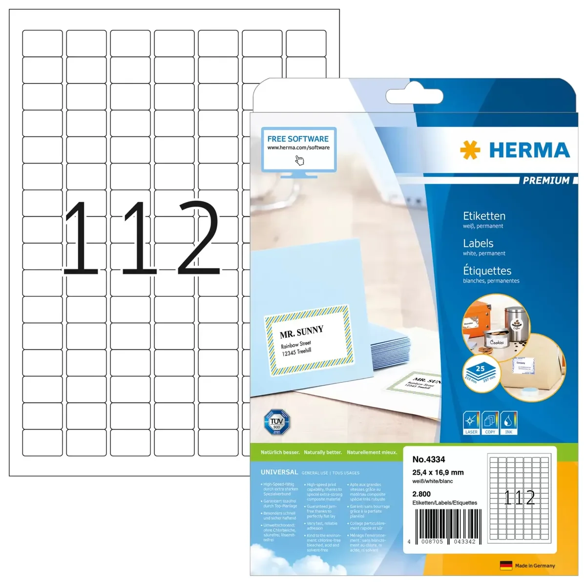 HERMA 4334, Valkoinen, Itse kiinnittyvä tulostintarra, A4, Paperi, Laser/Inkjet, Kiinteä