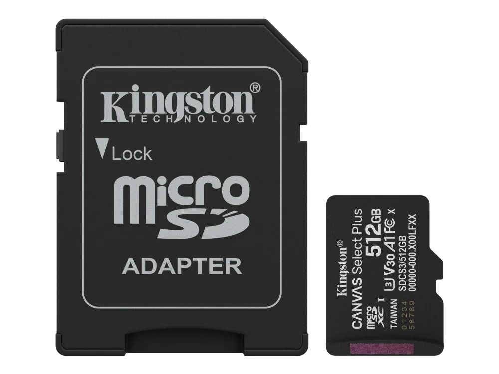 Kingston Technology 512 Gt microSDXC Canvas Select Plus Gen3 150 MB/s A1 -kortti + sovitin, 512 GB, MicroSDXC, Luokka 10, UHS-I, 150 MB/s, Class 3 (U3)