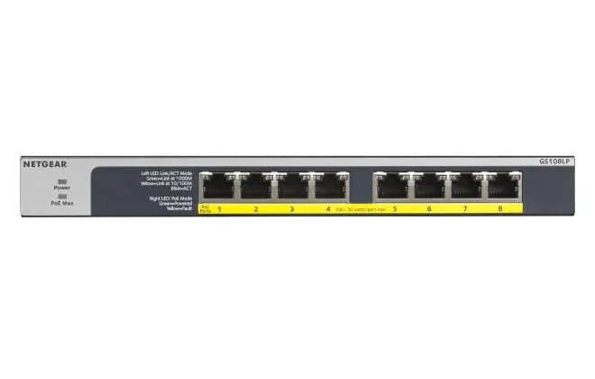 NETGEAR GS108LP - 8-porttinen hallitsematon Gigabitin Ethernet Power over Ethernet -kytkin, musta, harmaa