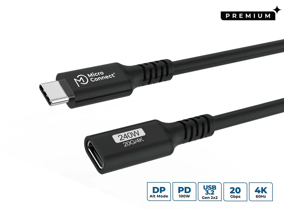 MicroConnect USB-C -jatkokaapeli, 100 W, 1 m, musta