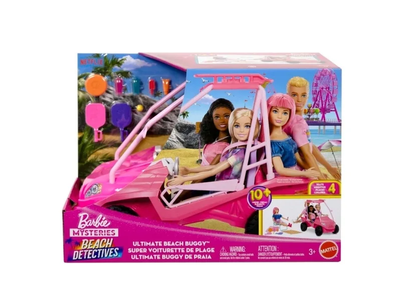 Barbie Mysteries: Beach Detectives Ultimate Beach Buggy -autolelupakkaus, jossa on yli 10 tarviketta, 3 vuosi/vuosia, 254 mm, 622 g, Monivärinen