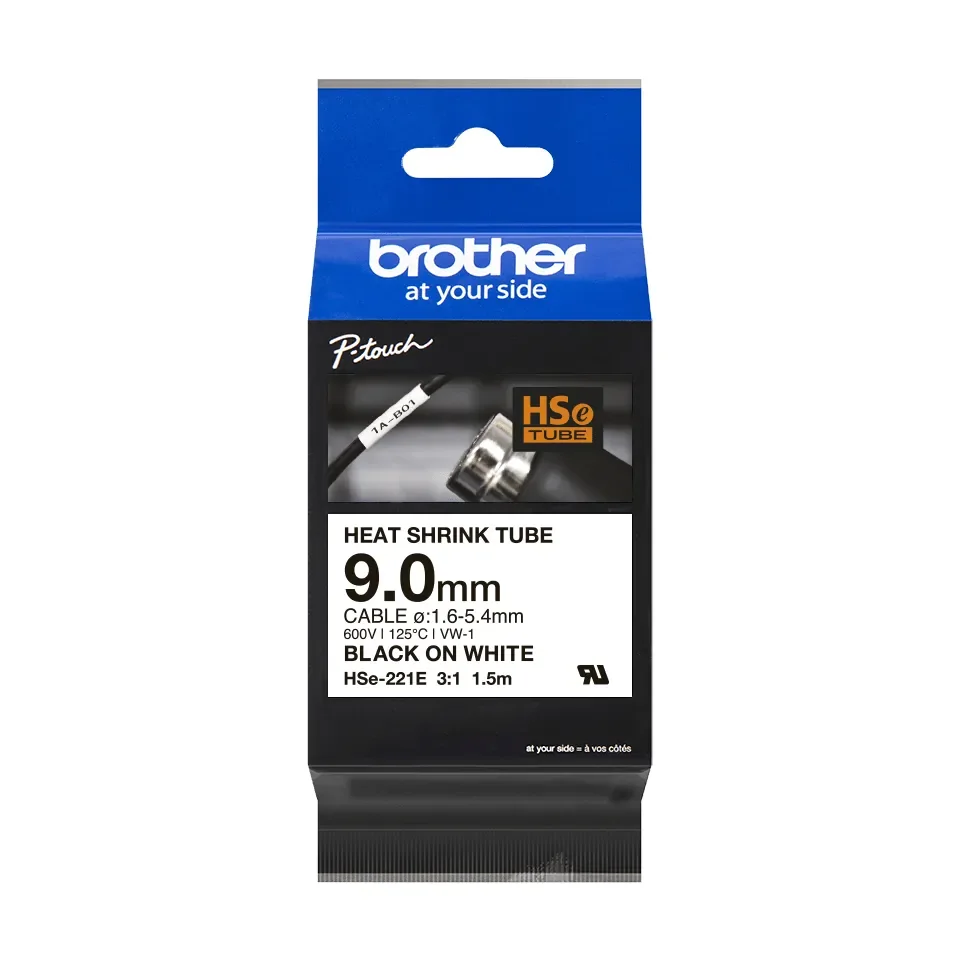 Brother HSe-221E - Musta valkoisella - Rulla (0,9 cm x 1,5m) 1 kasetti(t) ripustuslaatikko - kutistemuoviteippi - P-Touch PT-D800W, PT-E300, PT-E300VP, PT-E550WVP, PT-P700, PT-P750W, PT-P900W, PT-P950NW - P-Touch PT-D800W, PT-E300VP, PT-E550WVP, PT-P700, PT-P750W, PT-P900W, PT-P950NW