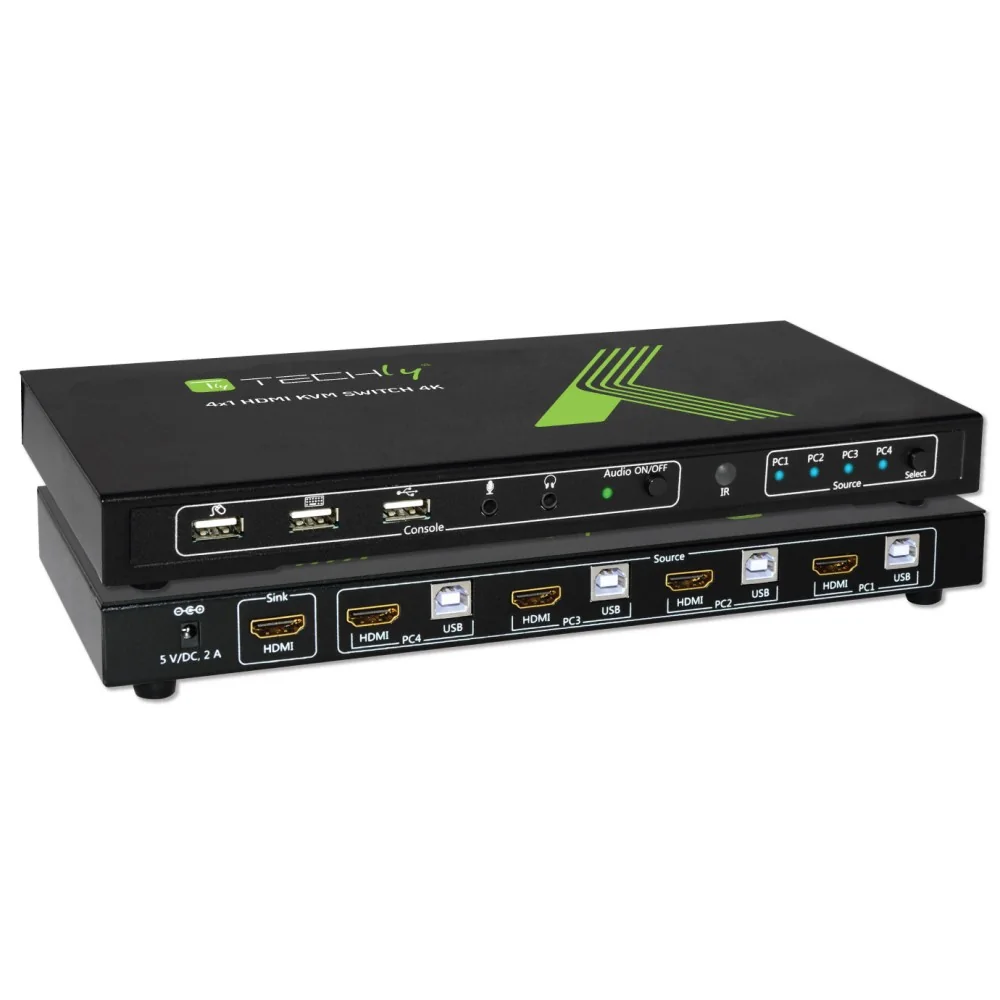 TECHly 4x1 USB HDMI KVM-kytkin 4Kx2K - KVM / audio / USB-kytkin - 4 x KVM / audio - 1 lokalbruger - työpöydälle