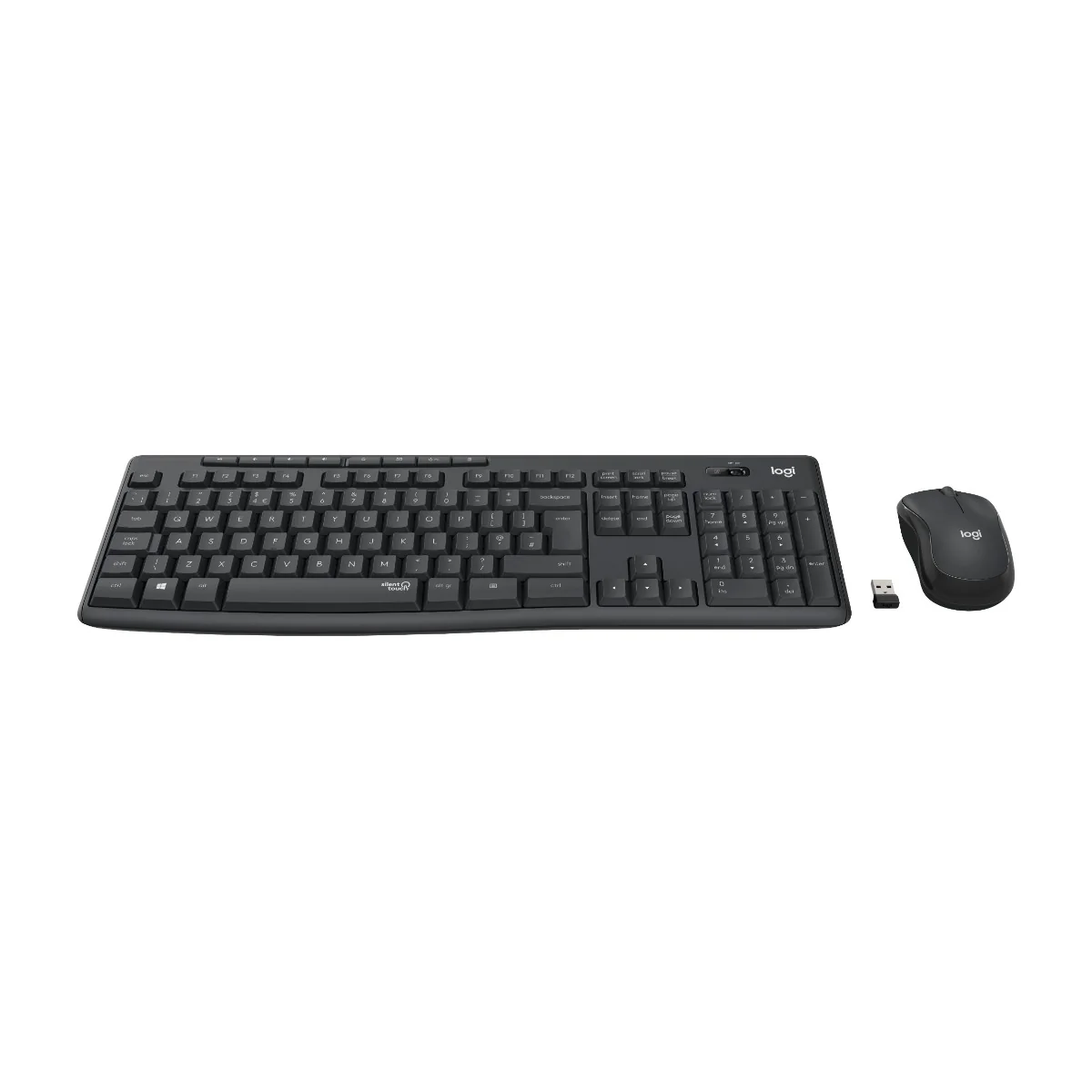 Logitech MK295 Silent, Täysikokoinen (100 %), Langaton, Langaton RF, QWERTY, Grafiitti, Sisältää hiiren