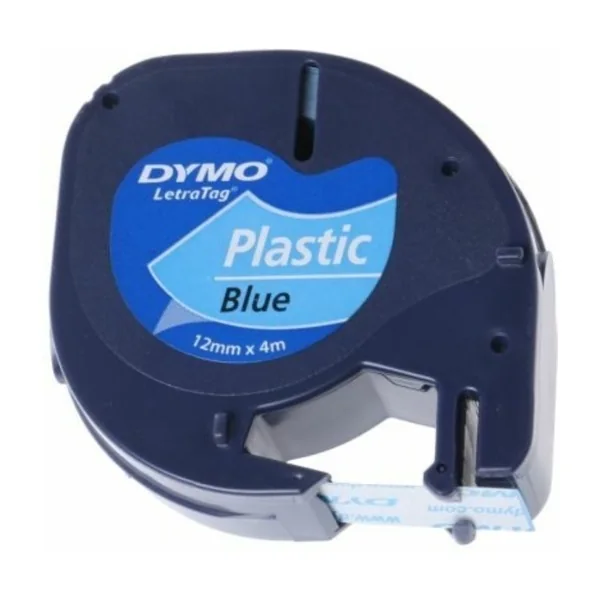 DYMO LT -muoviteipit, 12 mm x 4 m rulla, musta teksti siniselle, LetraTag-tulostimille