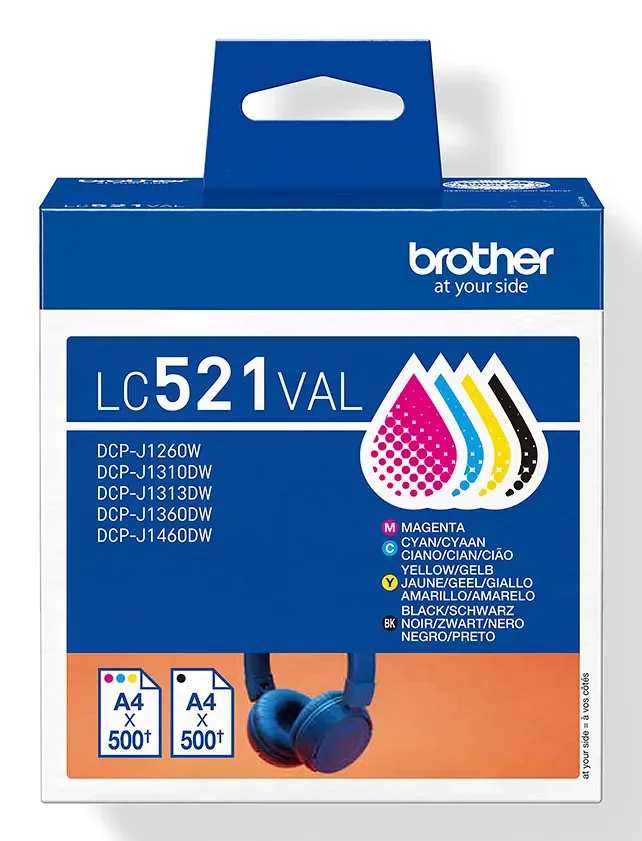Brother LC521VAL, musta, Syaani, Magenta, Keltainen, 4 kpl, 500 sivua, 500 sivua, Monipakkaus