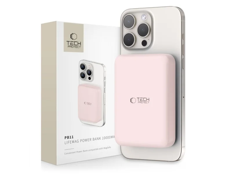 Tech-Protect LifeMag PB11 Power Bank with MagSafe 10000mAh 15W USB-C Port - Pink + USB-C Cable - 10000 mAh
