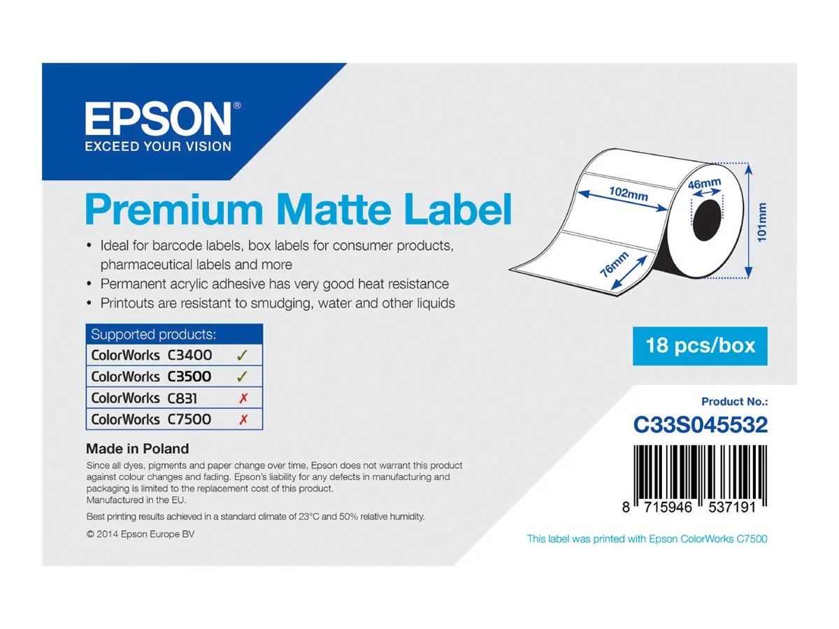 Epson Premium - Matta - 102 x 76 mm 440 tarraa (1 rulla (1 rulla) x 440) leikattu etiketti - Epson TM-C3400-LT  ColorWorks CW-C4000E  TM C3400, C3400BK, C3400E, C3400U, C3500