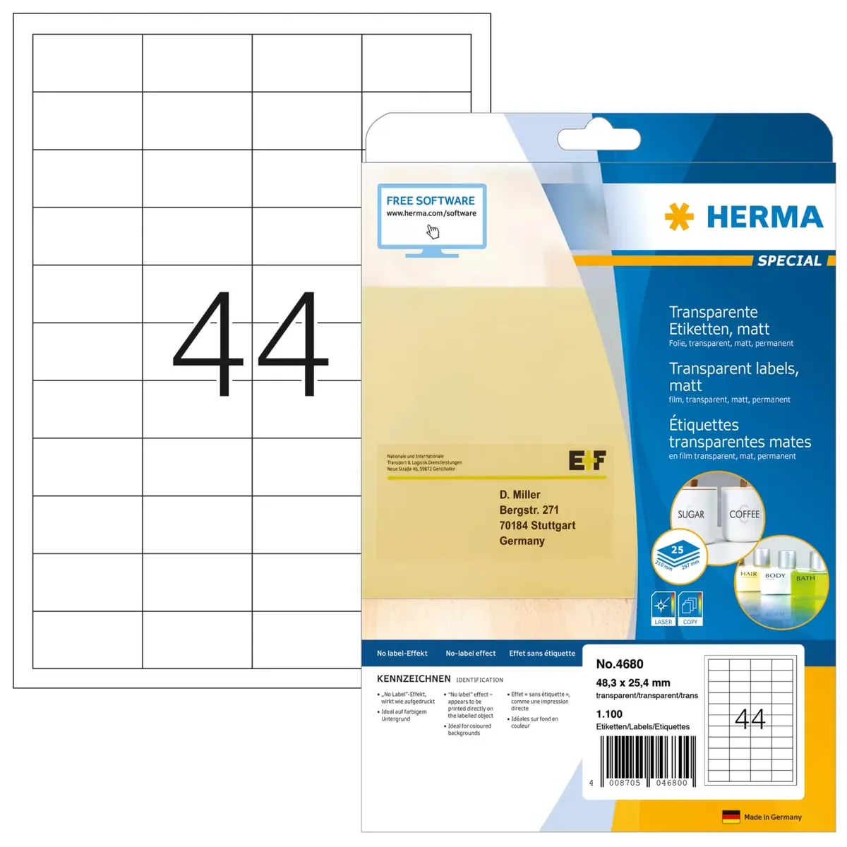 HERMA 4680, Läpinäkyvä, Itse kiinnittyvä tulostintarra, A4, Laser, Kiinteä, Matta