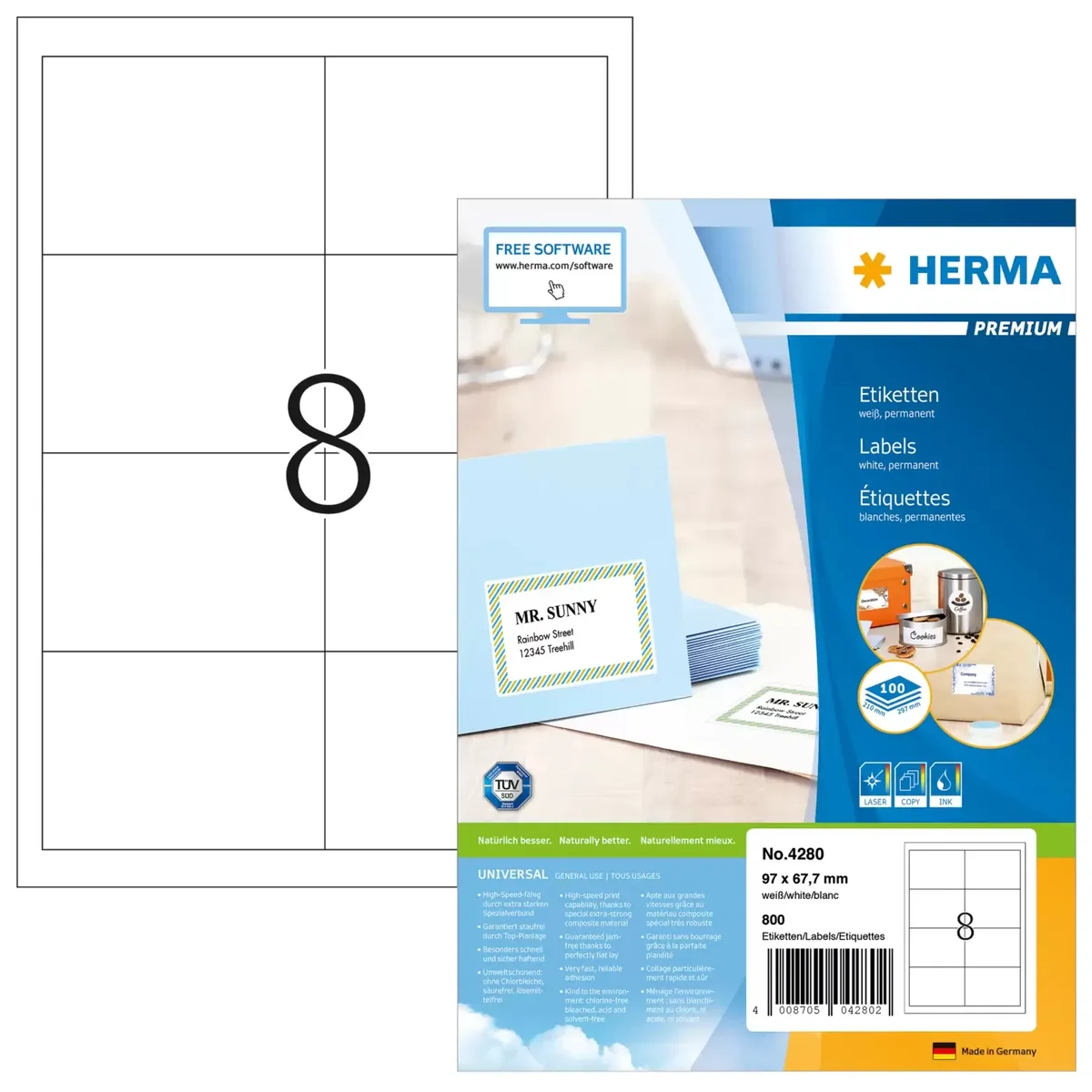 HERMA 4280, Valkoinen, Itse kiinnittyvä tulostintarra, A4, Paperi, Laser/Inkjet, Kiinteä