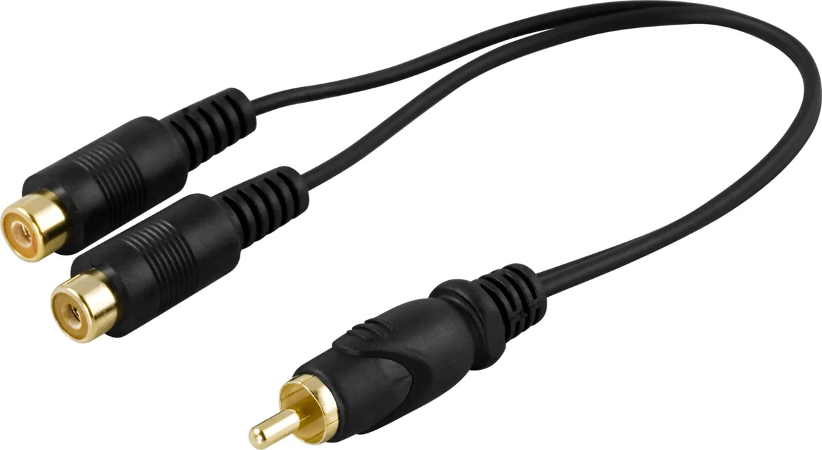 Deltaco RCA uros – 2x RCA naaras -sovitin, 15 cm, musta