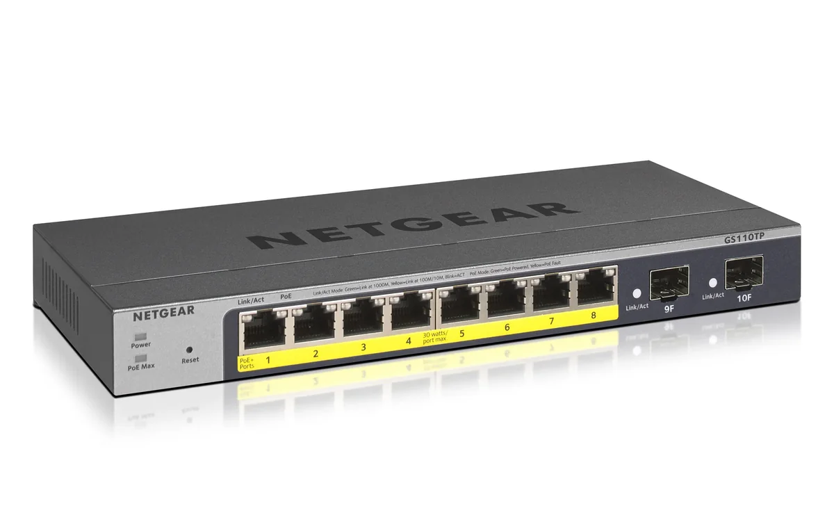 Netgear GS110TPv3 8-portin Gigabit PoE+ Ethernet Smart -kytkin, jossa on 2 SFP-porttia ja pilvihallinta