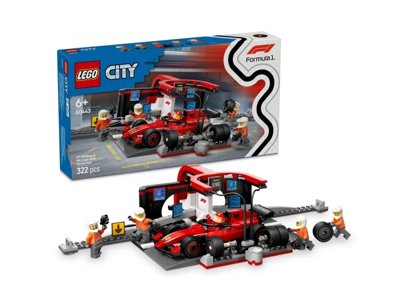 LEGO City 60443 F1-varikkopysähdys ja varikkomiehistö sekä Ferrari-auto