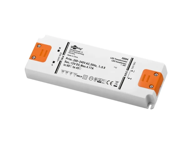 Goobay 30004, Elektroninen valaistusmuuntaja, Oranssi, Valkoinen, IP20, -20 - 45 °C, CE, RoHS Directive 2011/65/EU [OJEU L174/88-110, 01.07.2011, 50 W