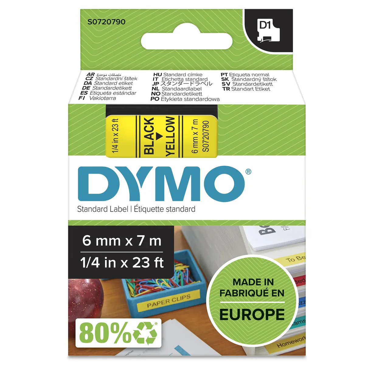 Tape D1 6mmx7m black/yellow