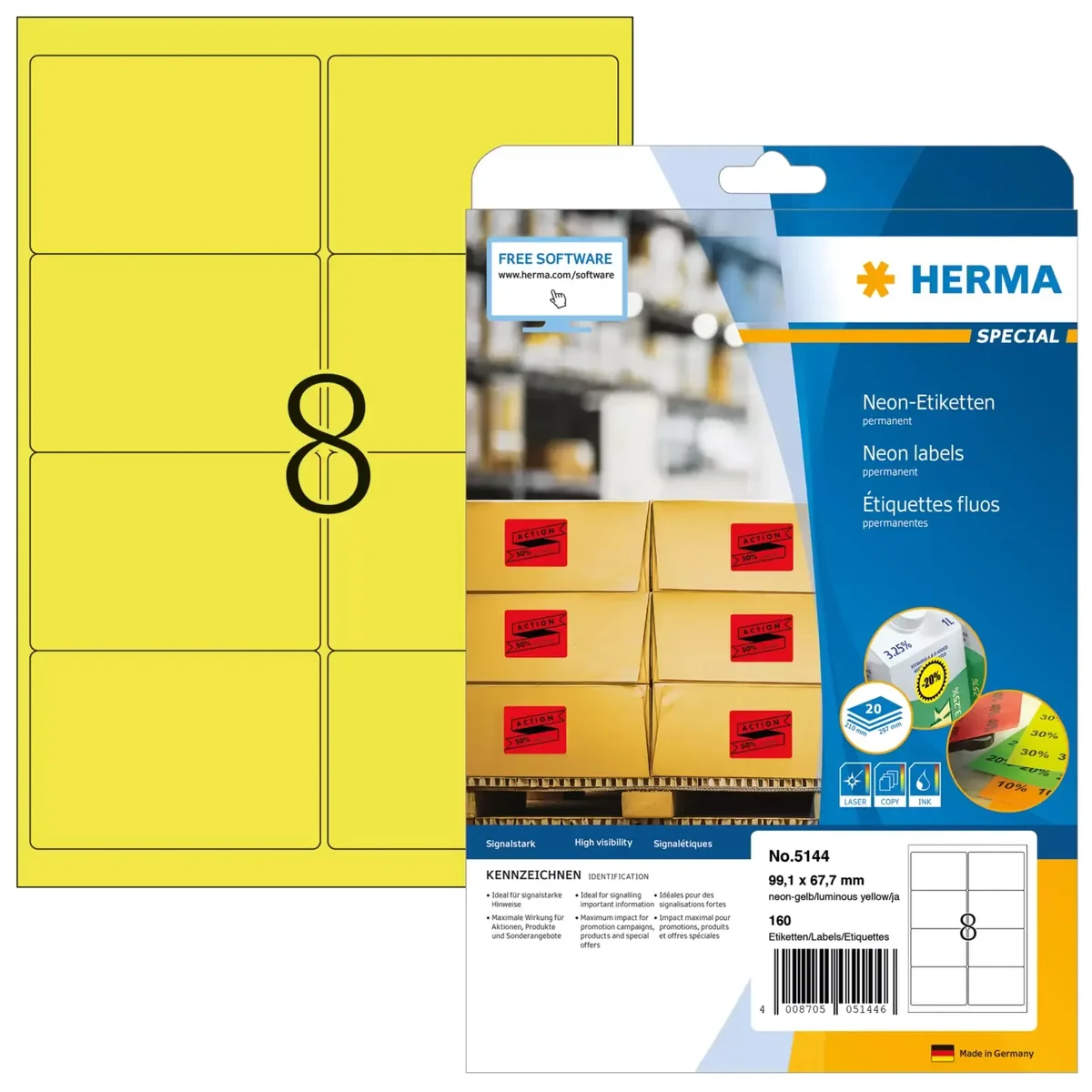 HERMA 5144, Keltainen, Pyöristetty suorakulmio, Kiinteä, Paperi, Matta, Laser/Inkjet