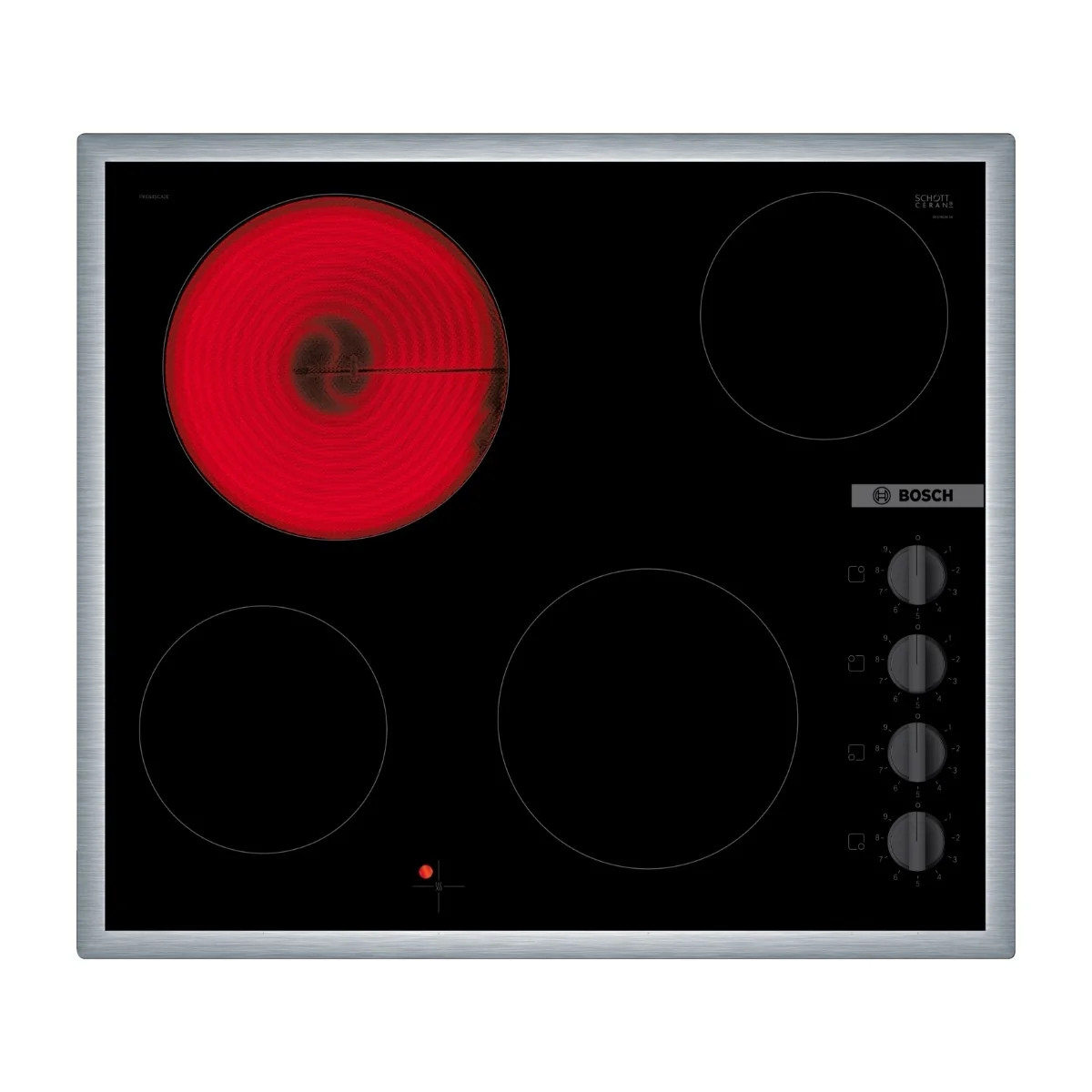 Bosch Serie 2 PKE645CA2E, Musta, Ruostumaton teräs, Kiinteä, 60 cm, Keraaminen, Keraaminen lasi, 4 alue(tta)