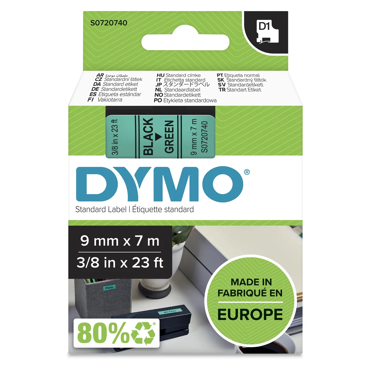 Dymo Tape D1 9mm Musta/vihreä