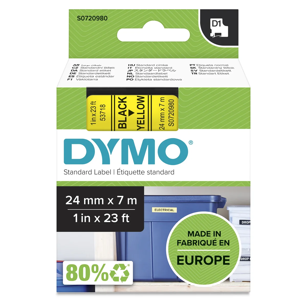 DYMO D1 -teipit, 24 mm x 7 m, musta teksti keltaiselle, itseliimautuvat teipit LabelManager-tarratulostimille, aito