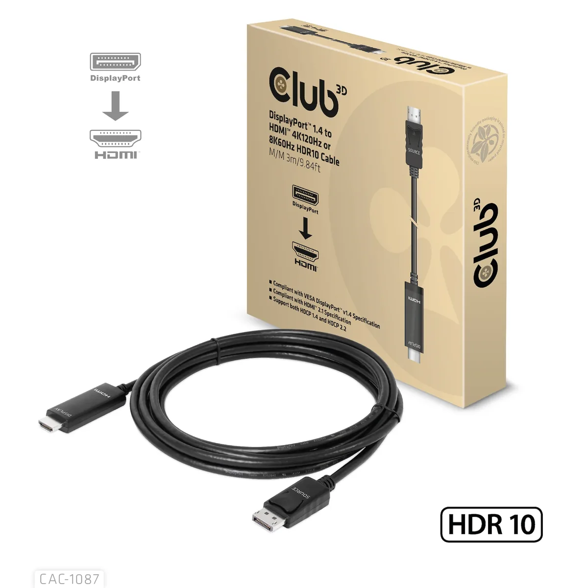 Club 3D - Adapterkabel - DisplayPort han til HDMI han - 3 m - 4K120 Hz tuki, 8K60 Hz tuki, tuki Dynamic HDR10 tuki