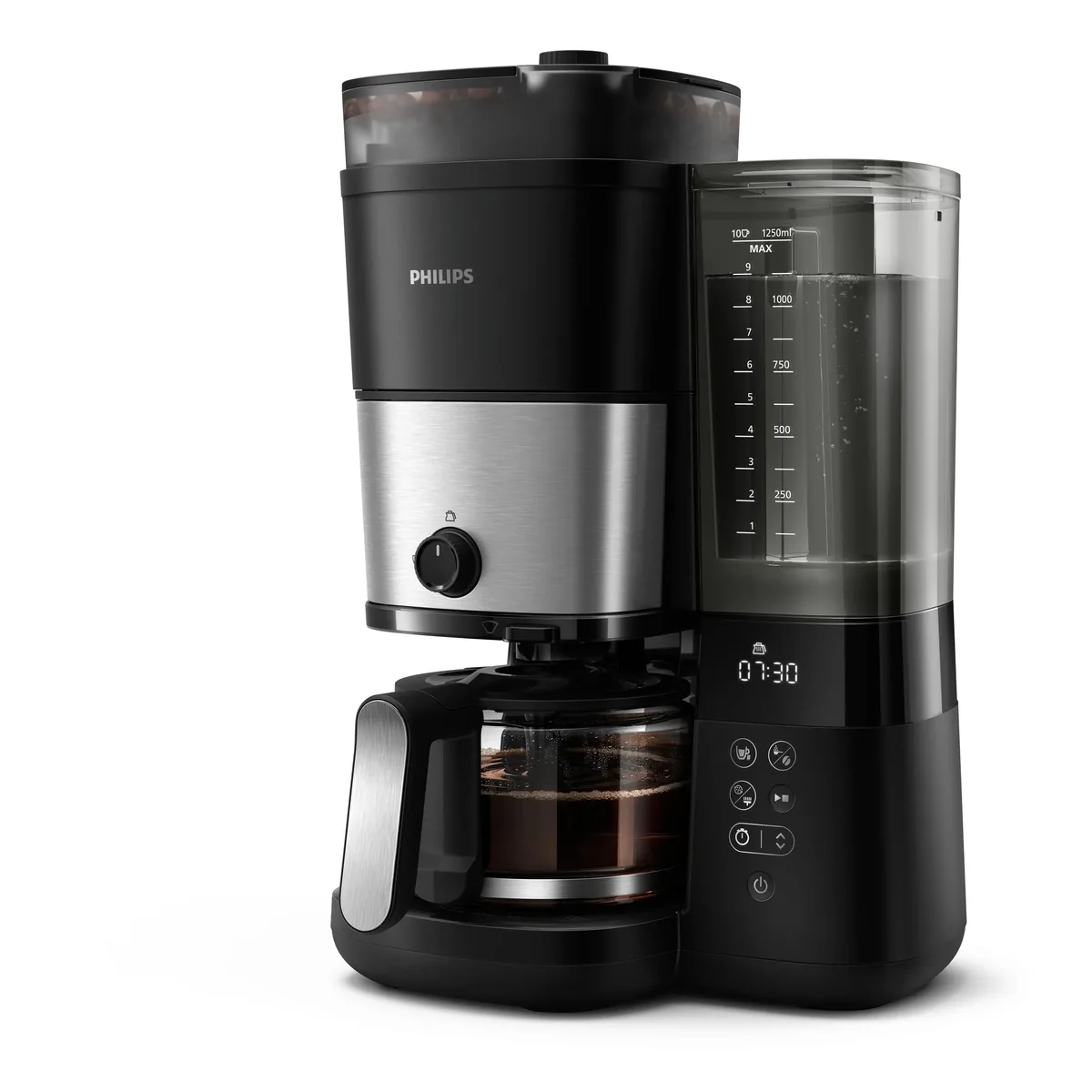 Philips All-in-1 Brew HD7888 Suodatinkahvinkeitin ja mylly, Suodatinkahvinkeitin, 1,25 L, Kahvipavut, Sisäänrakennettu jauhin, 1000 W, musta, Hopea